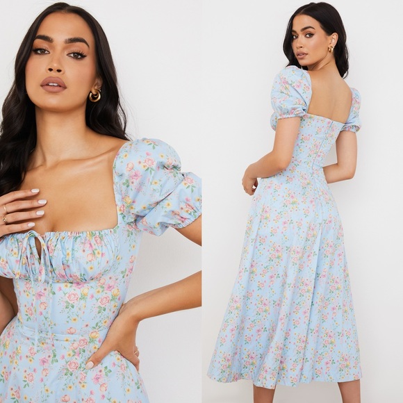 House of CB Dresses & Skirts - HOUSE OF CB 'Tallulah' Blue Vintage Floral Puff Sleeve Midi Dress